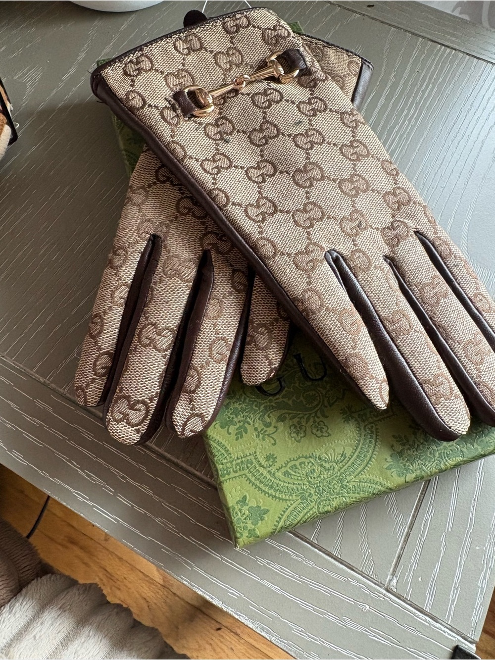 FASHION Monogram Beige Brown Leather like Trim Gloves - Picture 6 of 7